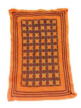 Vintage Handmade Crochet Granny Blanket Acrylic Floral Design Orange & Brown